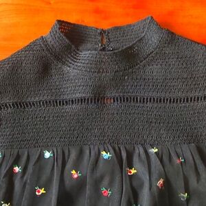 Top Shop, black top embroidered flowers, sheer long sleeves and overlay, size 6